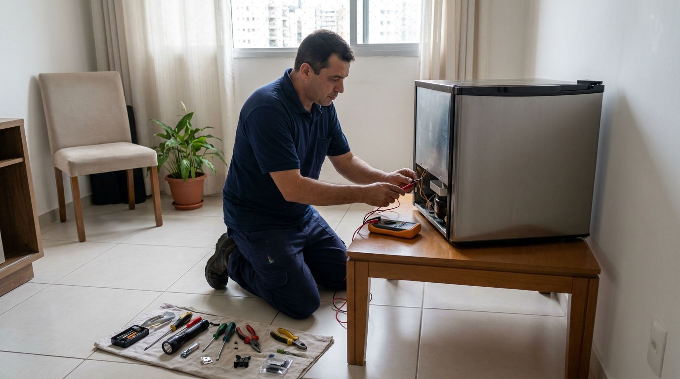 Técnico realizando manutenção de motor de frigobar em Limeira‑SP